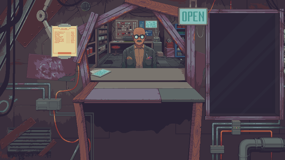 Dr. Jackson standing behind the counter of his own workshop, with an OPEN sign above him